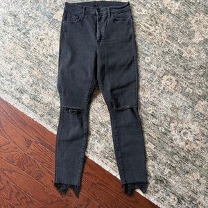 MOTHER Black Skinny Jeans with Distressed Knees and Frayed Ankles